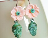 Floral Skull Earrings Verdigris Brass Charms Vintage Flower Aqua Peach Spring Jewelry