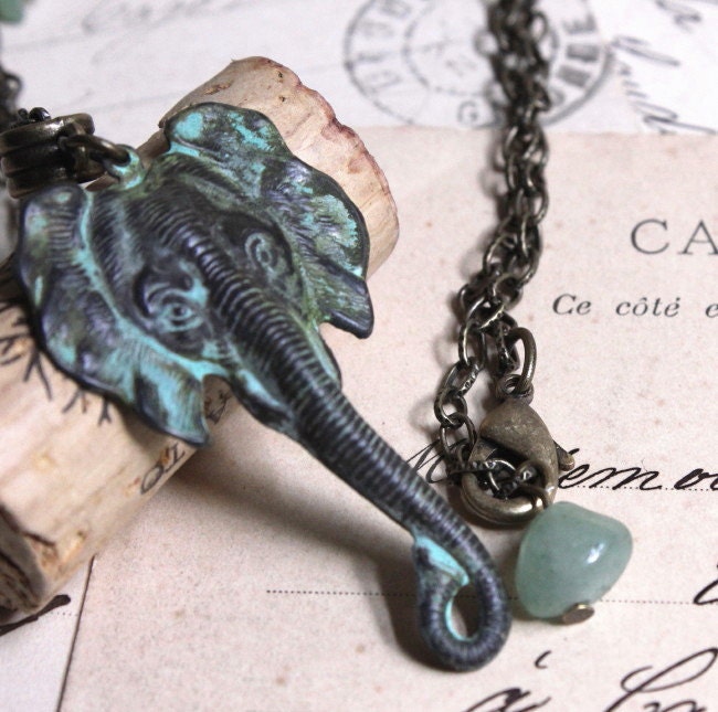 Elephant necklace elephant pendant verdigris charm green jade long necklace safari jewelry handmade jewelry collier THREE for TWO N20