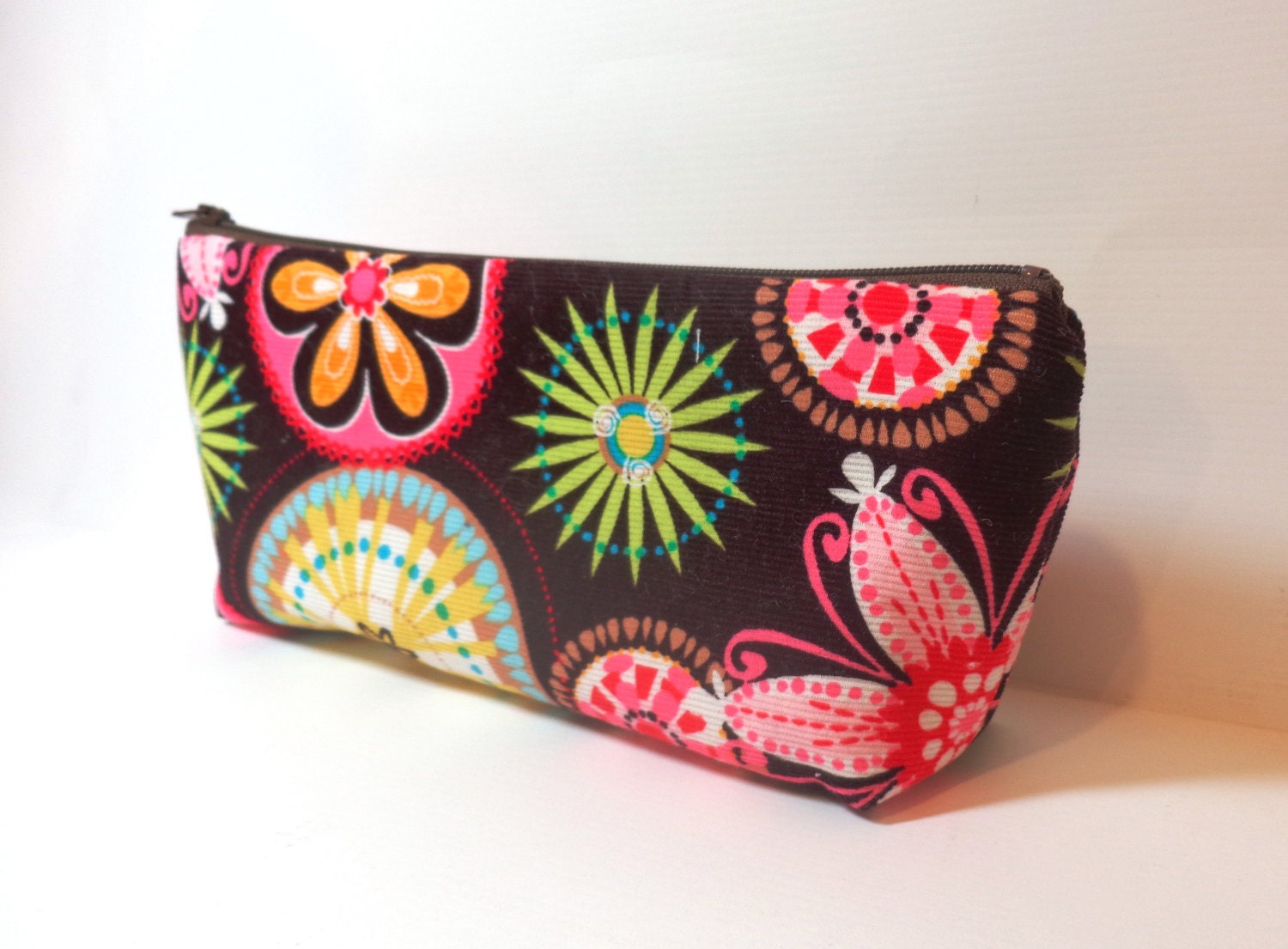Medium Zipper Pouch Cosmetic Bag Pencil Case Carnival Bloom on Brown Cordoruy