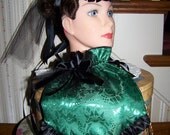 Ladies Hat Hunter Green Satin brocade Victorian Civil War Hat teardrop with Black ribbon and Reticule