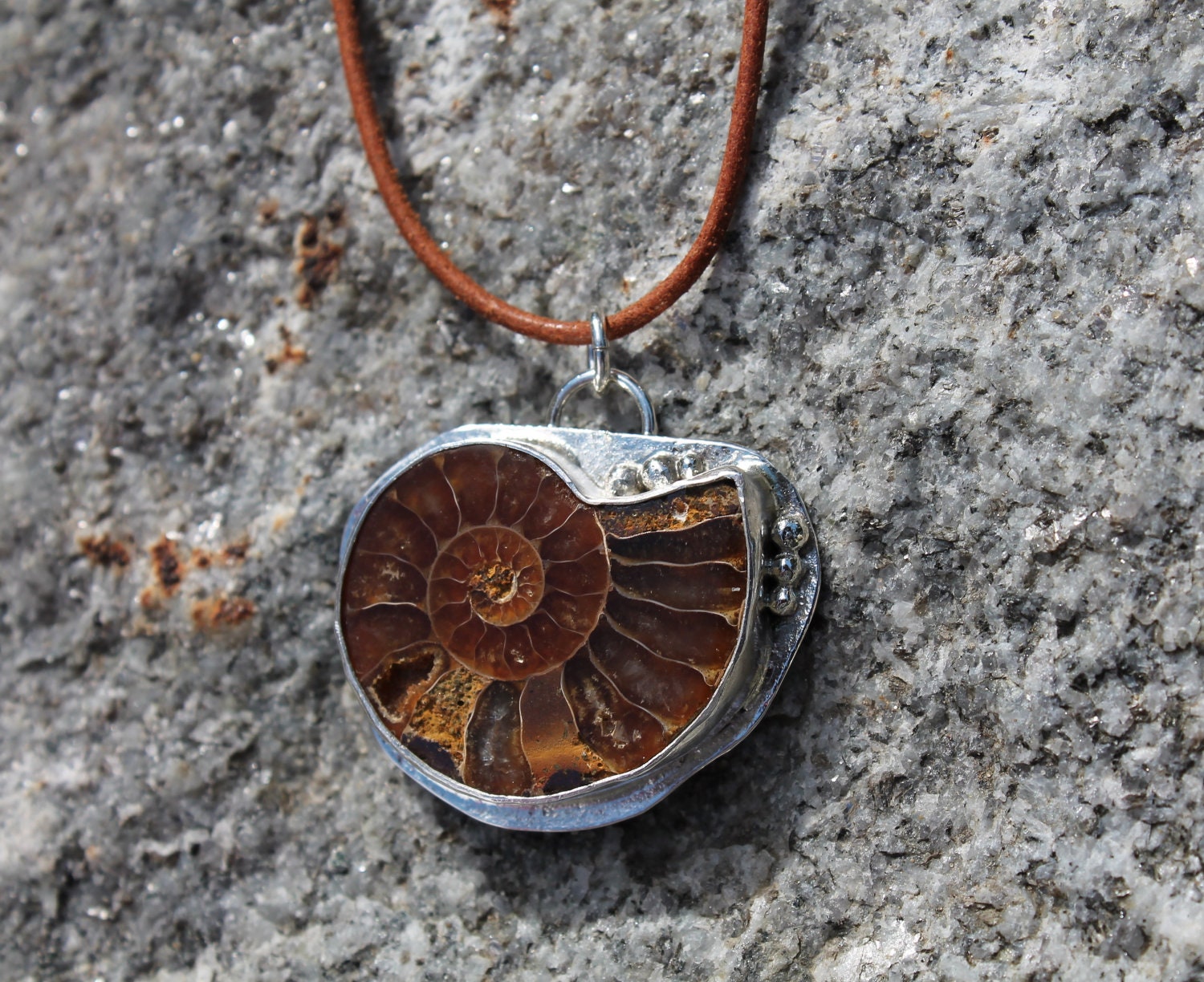 Fossil pendant. Sterling silver. Ammonite shell necklace. bezel set fossil. Organic. Rustic. Ocean.beach. Warm colors