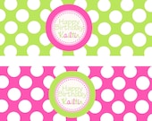 Hot pink and Green Polka Dot Water Bottle Labels