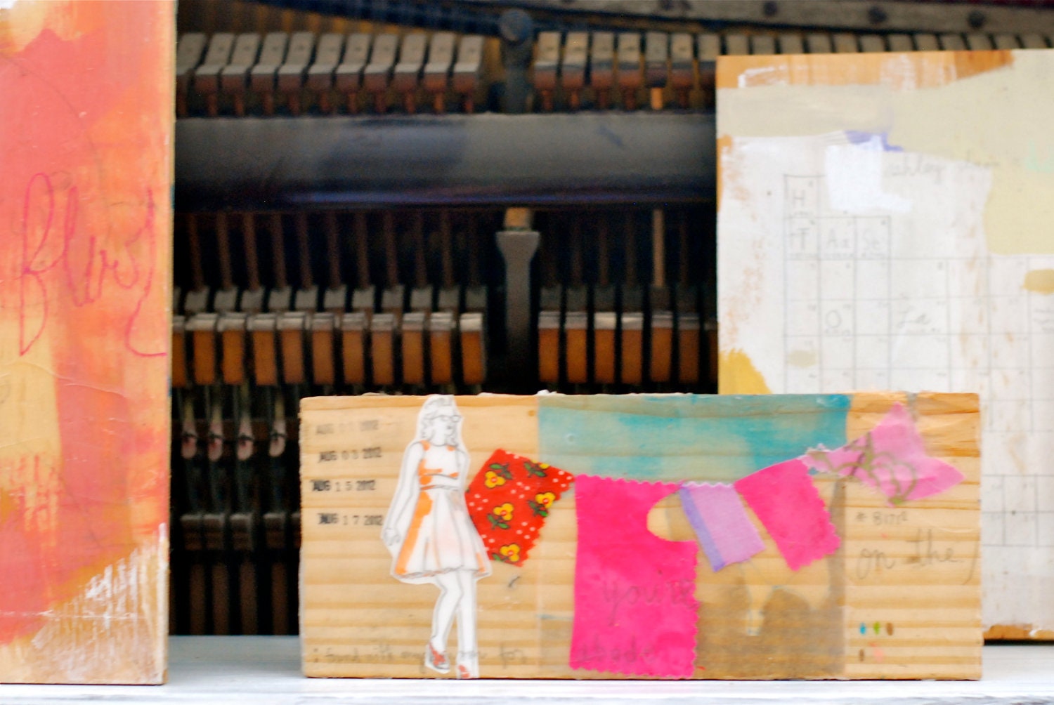 mixed media on woodblock - laundry quilt no. 1