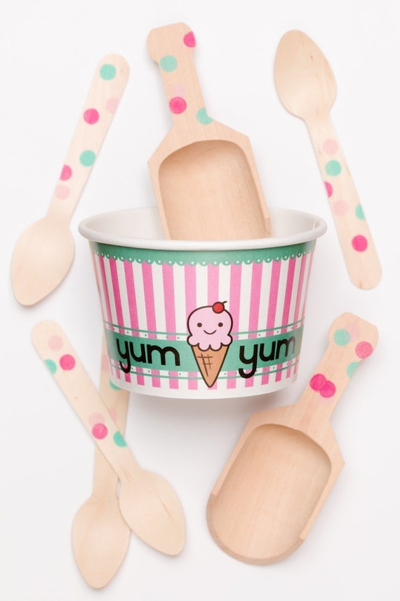 Party Pack For 10 With 10 Ice Cream Cups, 10 Matching Wooden Utensils And 2 Scoops - Yum Yum Il_570xn