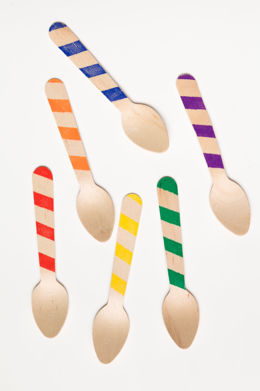 20 Wooden Ice Cream Spoons - Rainbow Stripes - Perfect For Parties & School Lunches