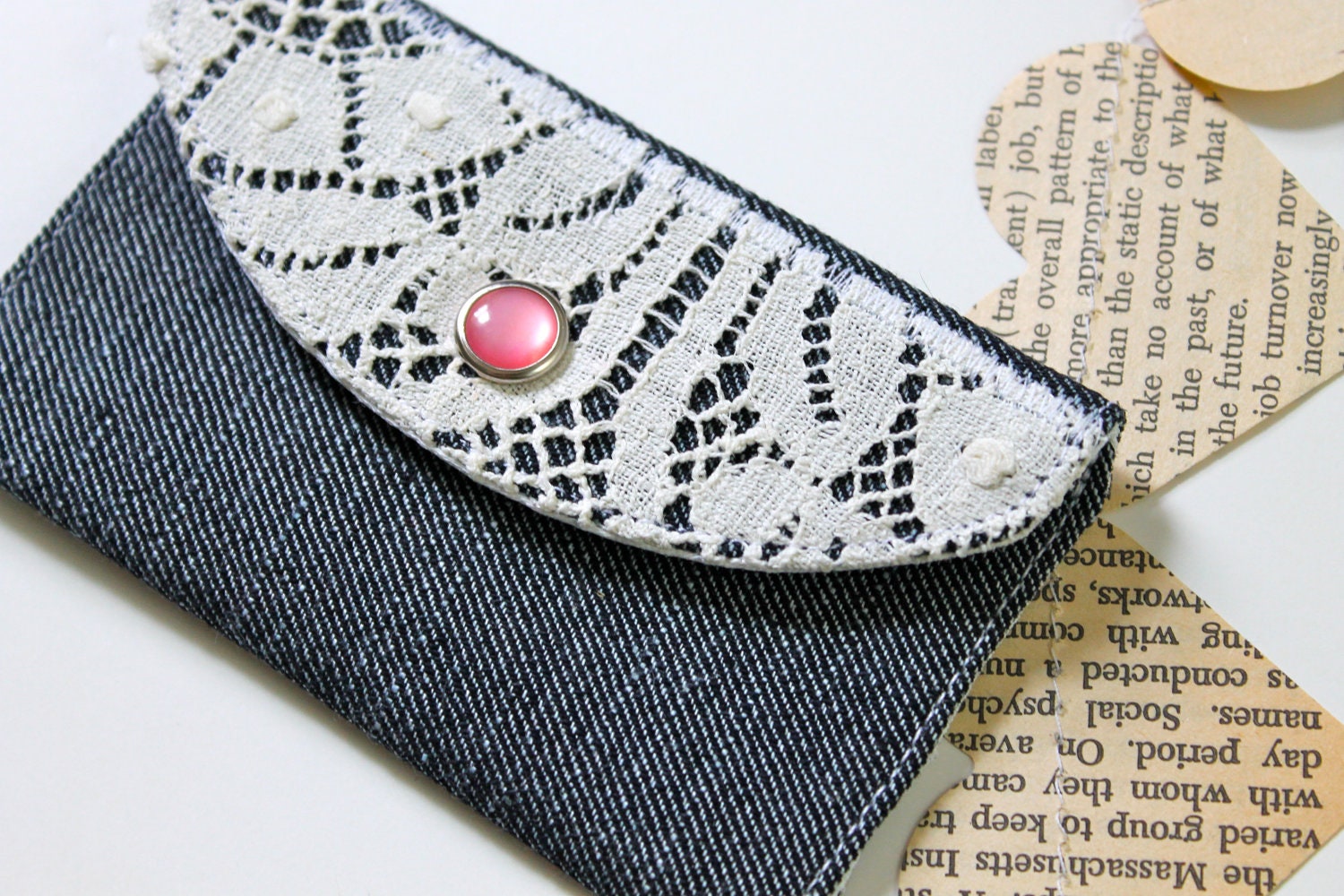 Small Fabric Wallet - Denim and Lace