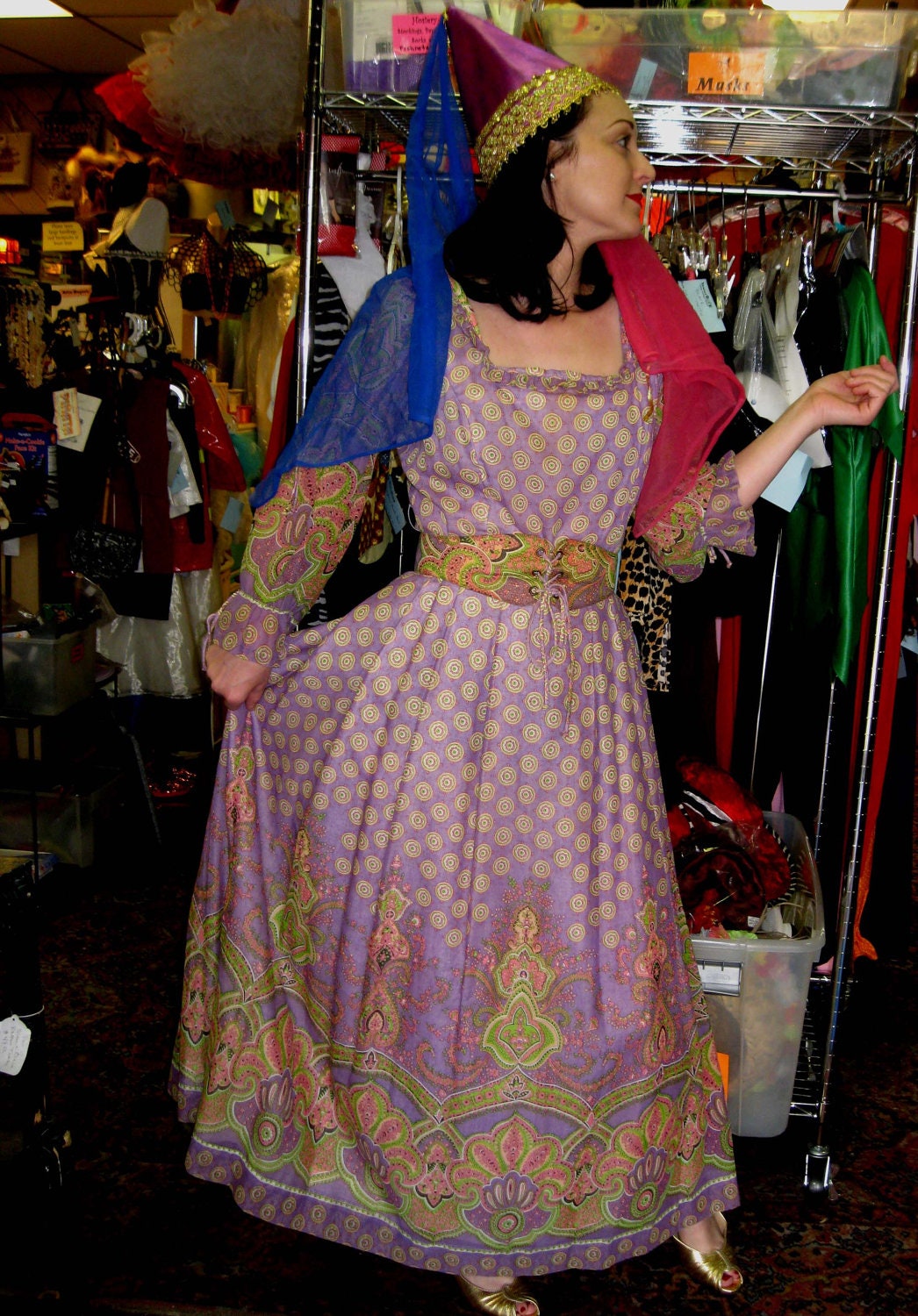 1970s Purple Print Princess Style Long Dress