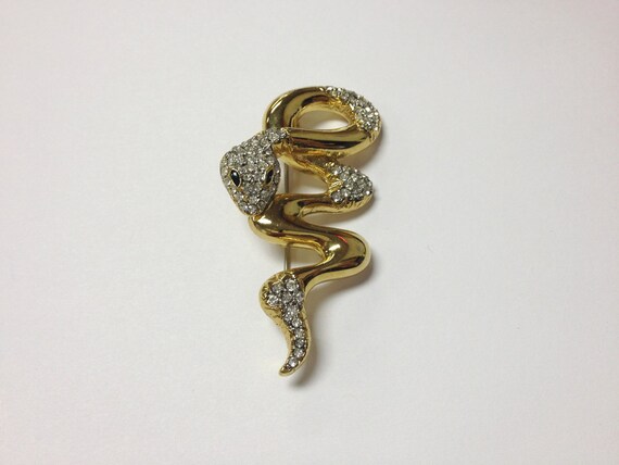 Beautiful vintage 80s gold tone and rhinestone snake brooch