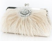 Champagne Bridal Clutch with Rhinestone and Ostrich Feathers 8-inch PASSION