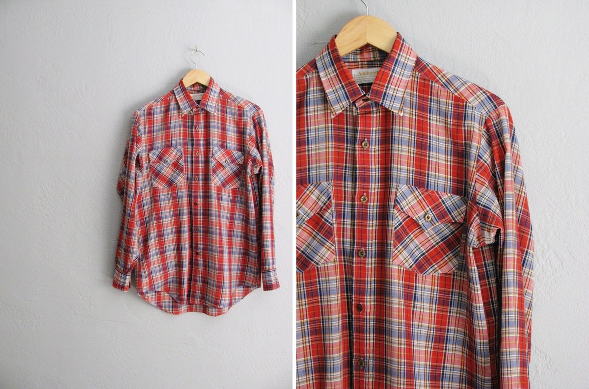 vintage men's '70s CLASSIC PLAID WESTERN long sleeve button-up shirt. size l.