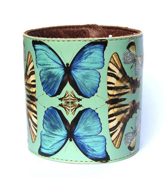 Leather cuff / wallet wristband - Beautiful butterfly collage design