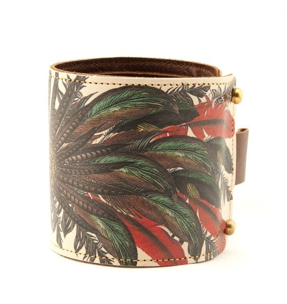 Leather cuff / wallet wristband - Feathers