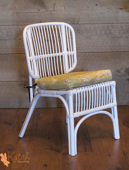 Vintage Rattan Chairs, Mid Century painted white, Set of 3, with Green, Yellow, Coral Floral Cushion