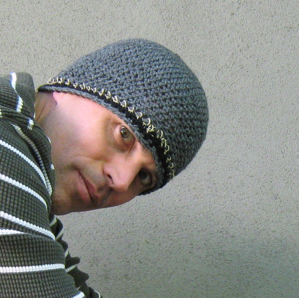 wool hemp beanie/ stormy gray crochet