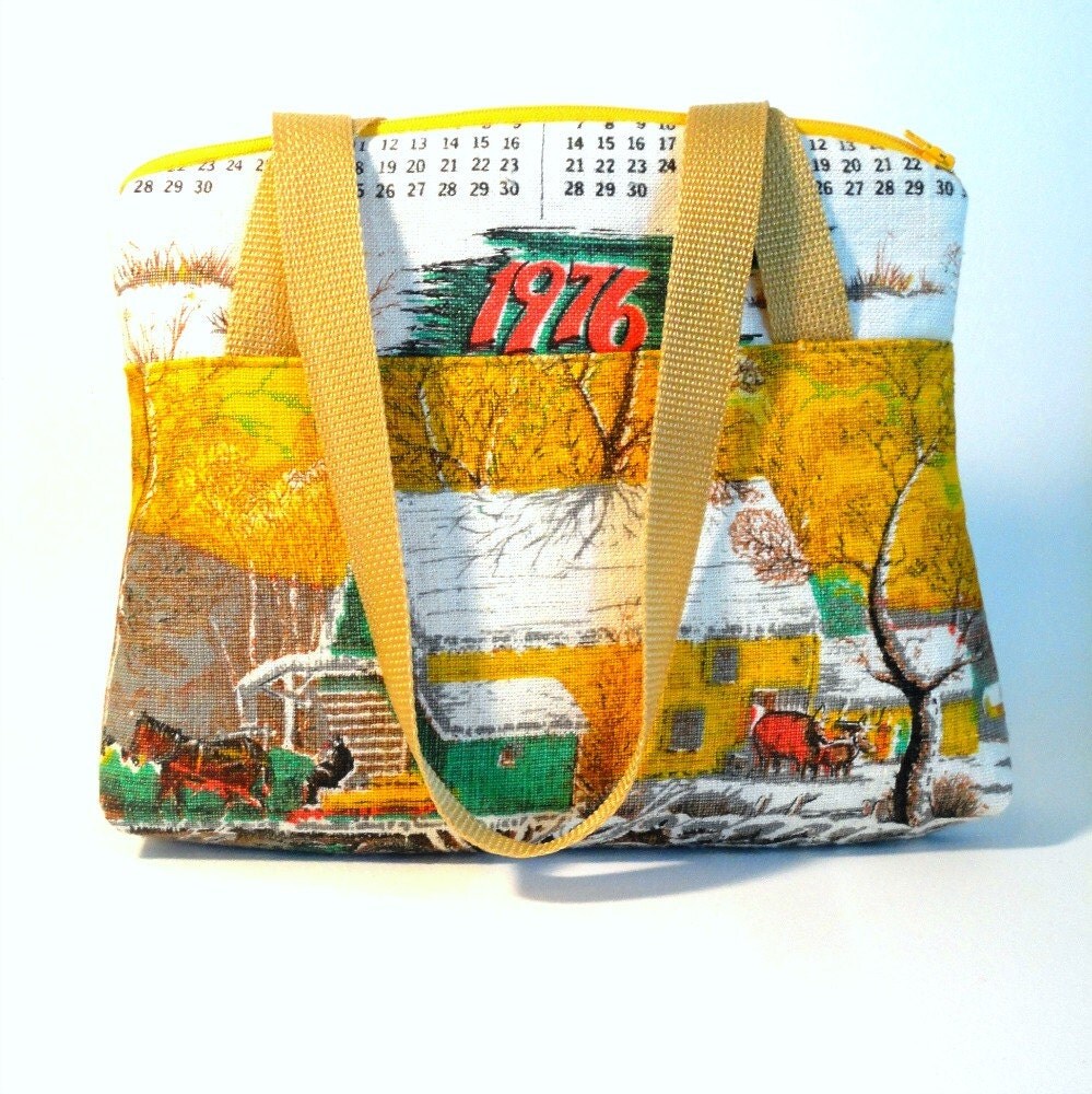 SALE vintage linen handbag calendar towel kitsch