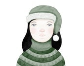 Winter girl green pullover cap snow  - Myriam Print 8 x 11.5