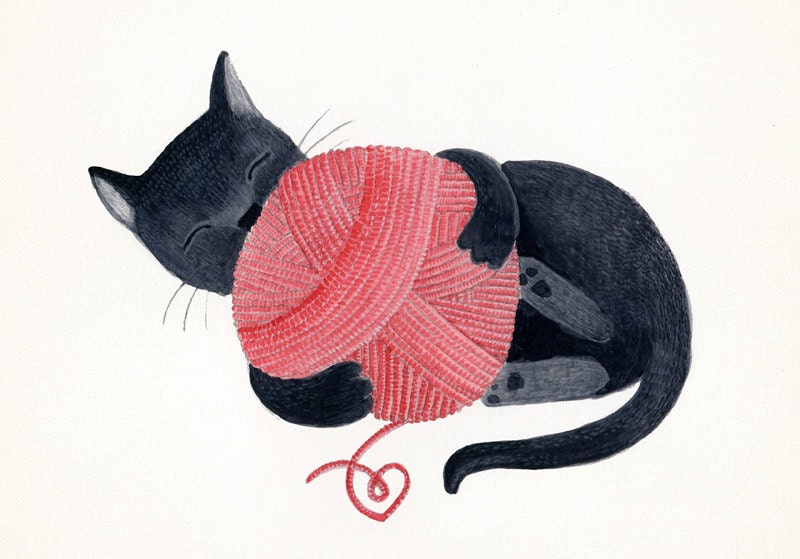 Black cat red yarn cute illustration children decor - The cat print 8 x 11.5  print of an original illustration