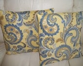Throw Pillow Cover Yellow and Blue Paisley 18 x 18 Set of 2