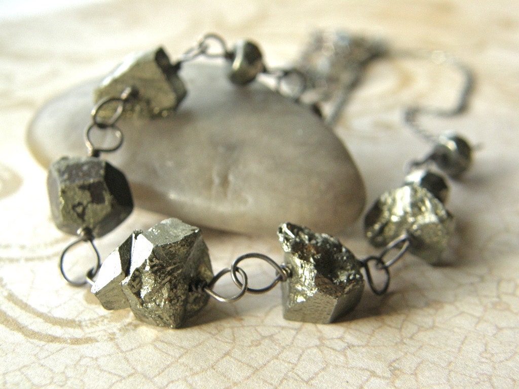 Rough Cut Pyrite Necklace, Fools Gold Necklace, Long Necklace, Bronze Grey Necklace, Rustic Boho Necklace