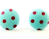 Teal and Red Polka Dot Fabric Button Post Earrings - 18mm - RackFocus