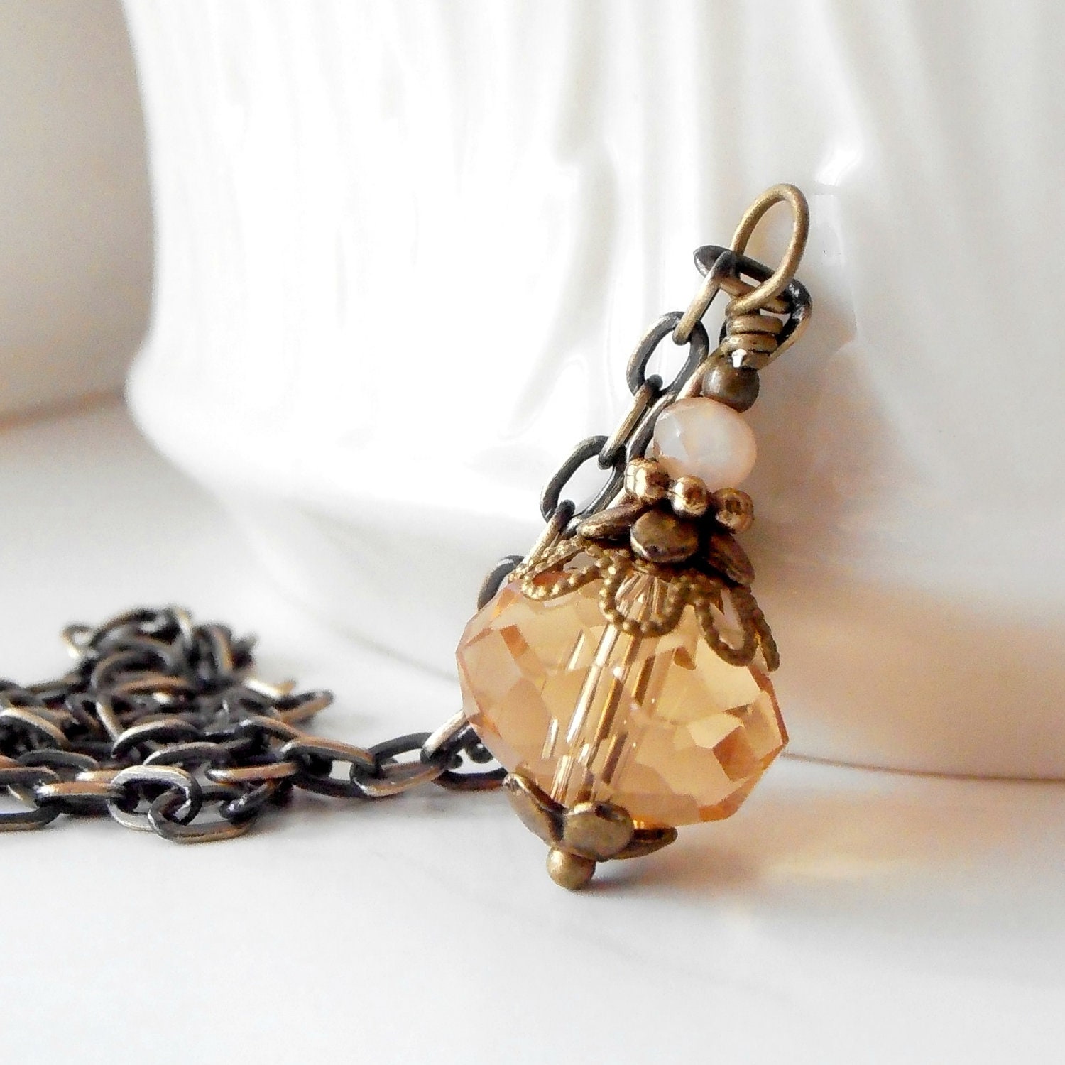 Golden Crystal Bridesmaid Necklace Faceted Bead Pendant Vintage Style Antiqued Bronze Simple Bridesmaid Gift Handmade Wedding Jewelry