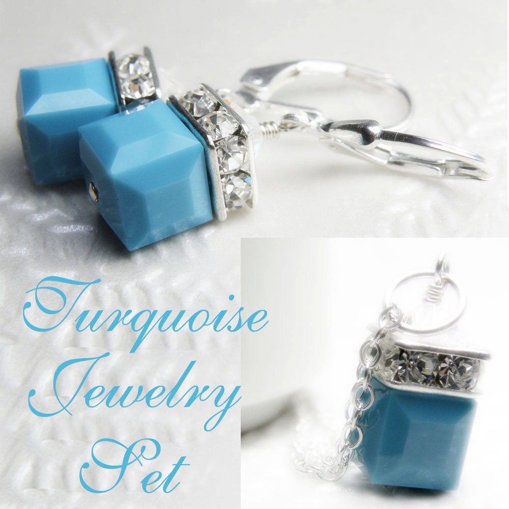 Turquoise Blue Necklace and Earrings Jewelry Set, Swarovski Crystal, Silver, Wedding Jewelry, December Birthstone, Birthday