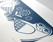 Snowy Owls In Midnight Blue - Hand Pulled, Signed, Gocco Print