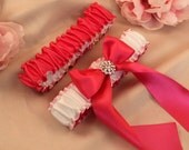 Simple Satin Deluxe Dual Color Bridal Garter Set with Rhinestone Accent..You Choose The Colors..shown in hot pink fuschia/white