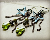 Vintage Star Bohemian Peridot Earrings.  Peridot Green Swarovski Crystal and Vintage Star Boho Earrings.