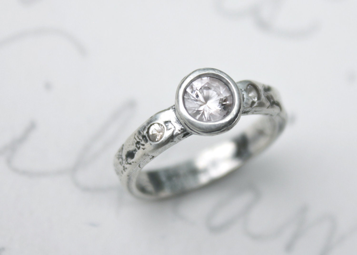 sapphire engagement ring . white sapphire three stone engagement ring . right hand ring . custom sapphire ring with engraved message