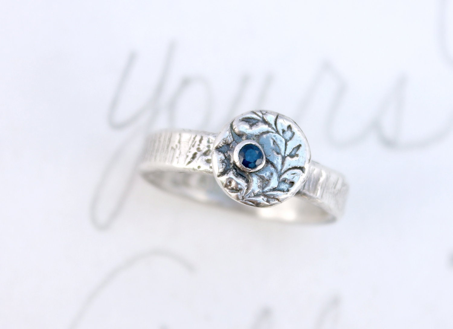 blue sapphire engagement ring . rustic sapphire woodgrain vine ring . love engraved ring ready to ship size 5 by peacesofindigo