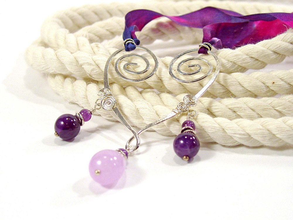 Amethyst Necklace, Lavender Chalcedony, Silver Heart, Purple Silk Ribbon