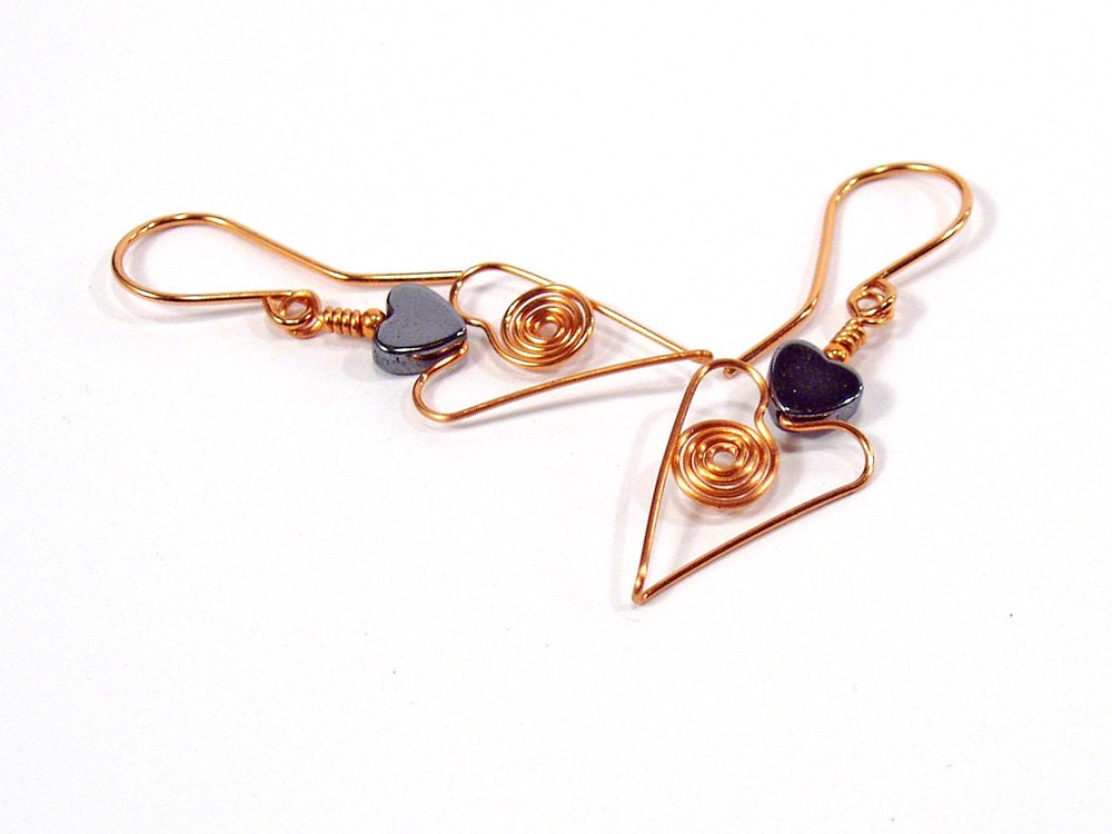 Lightweight Earrings, Copper Hearts, Hematite Heart, Spiral Jewelry