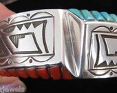 Leonard Jim Navajo Turquoise and Coral Silver Bracelet Signed