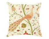 Pillow Cover - Bird and Peacock Fabric  - Green, Pale Yellow, Terra Cotta