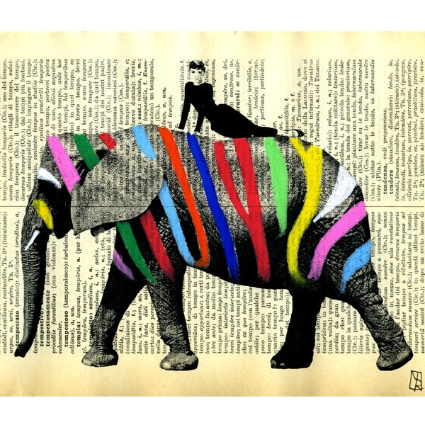 Elephant Art Illustration - Audrey Hepburn Original Artwork - Fantasy Hand Painted on 1920s Italian Dictionary Vintage Paper
