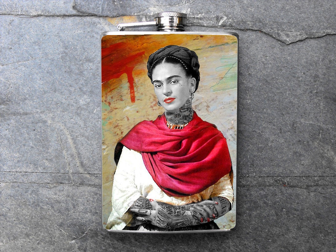 FF123 - Frida Kahlo tattooed decorated 8 oz. Stainless Steel Flask