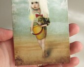 ACEO/ATC "My Fishy Friend" Artists Trading Card Premium Fine Art Mini Print 2.5x3.5 - Little Blonde Girl with Pet Angler Fish