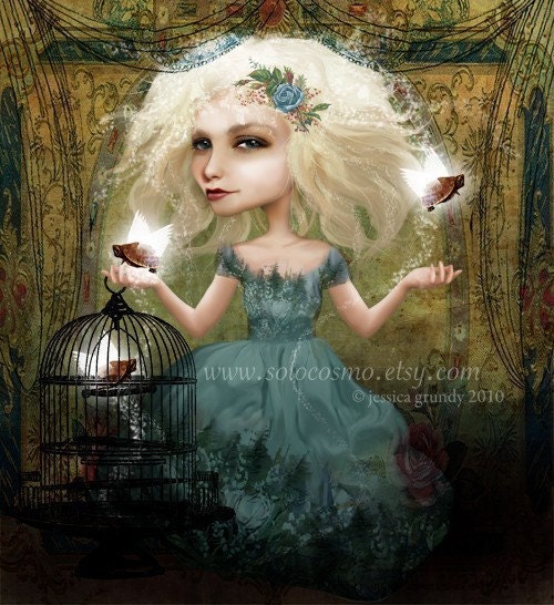 Girl and Turtles Fantasy Digital Collage Print "If You Love Them, Set Them Free" Fine Art 8.5x11 or 8x10 A4 Premium Giclee Print