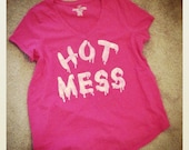 Hot Mess Maternity t shirt hand stenciled hot pink size M
