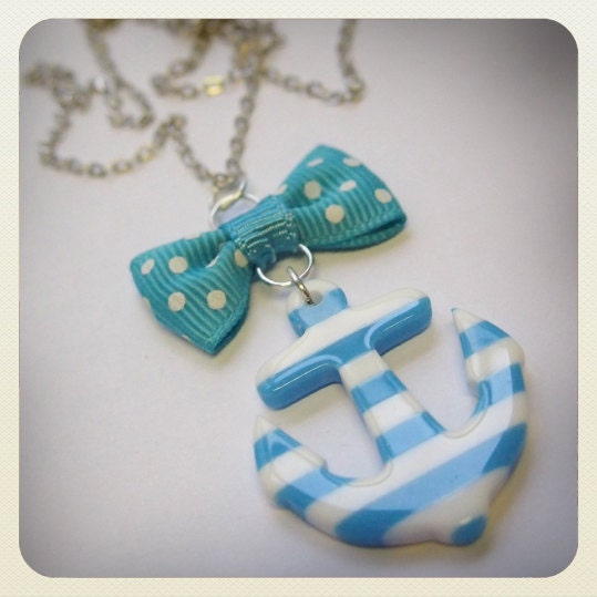 Old School Pin up Tattoo style striped Anchor necklace, turquoise