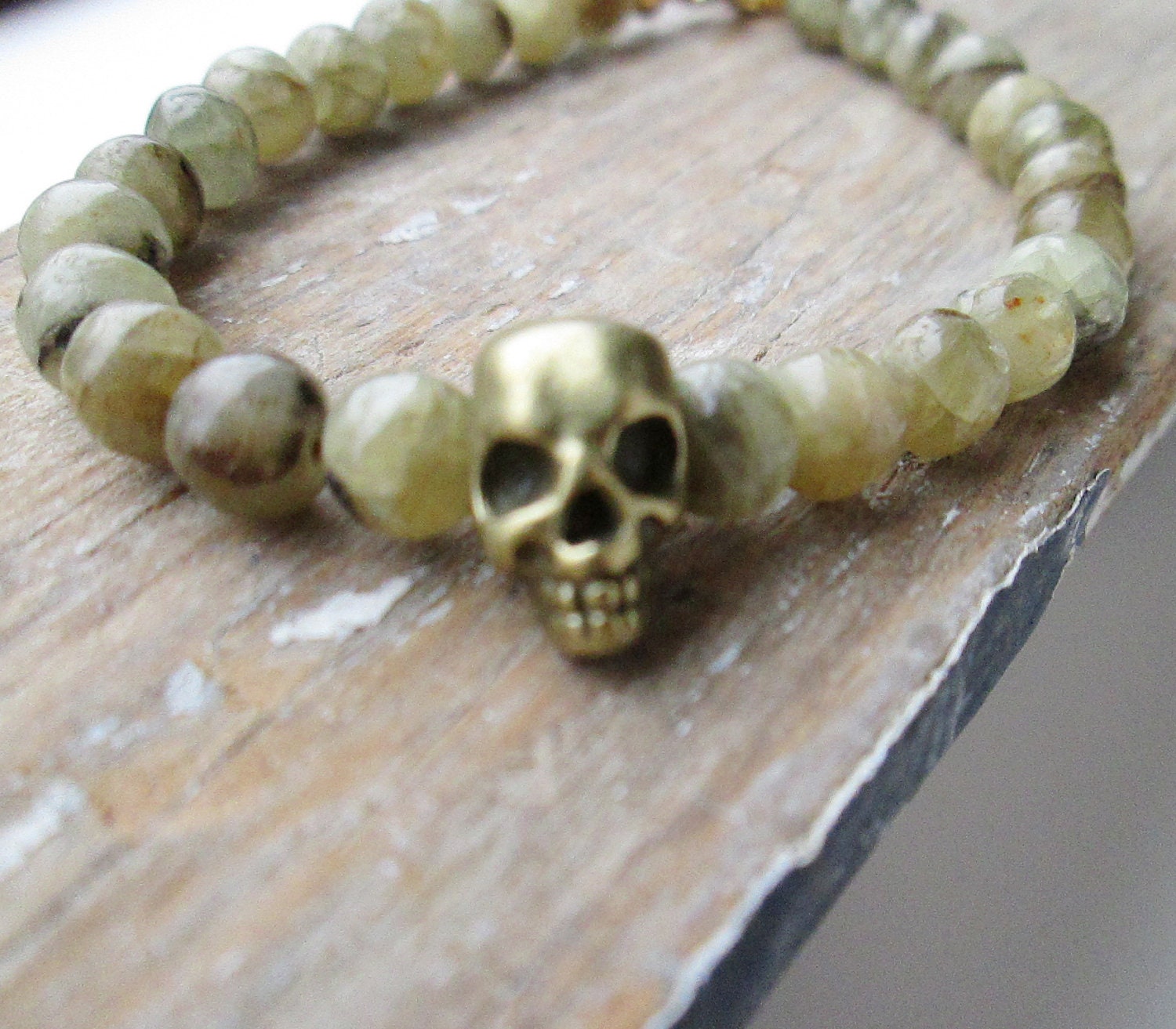 Green Garnet and Skull Bracelet. Stacking Bracelet. Stone Bead Bracelet.