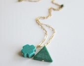 Cross and Triangle Stone Necklace. Small Necklace. Turquoise and Green. 14K Gold Filled. Stone Charms. Geometric.