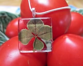 Leprechaun Green Four Leaf Clover One inch Square Glass Pendant. (Not Resin or Plastic)