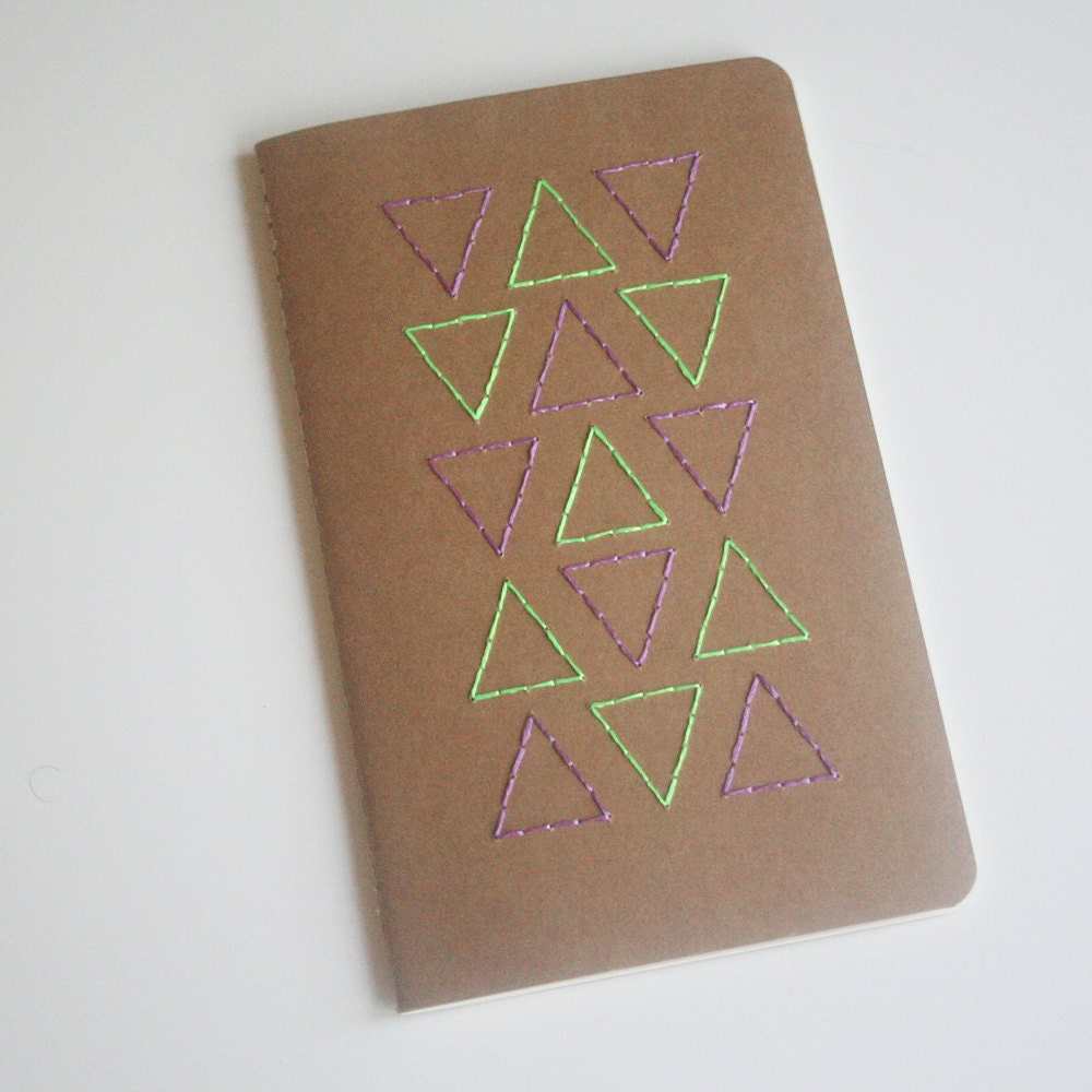 lavender and green neon triangles stitched large moleskine, plain paper