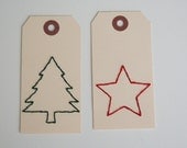 large holiday tree and star embroidered tags, set of 2