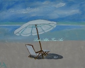 Beach Umbrella Original Acrylic Painting  Lounger Ocean Seascape Beach's Sea Beach Theme Textured "Out For A Swim" Leslie Allen Fine Art
