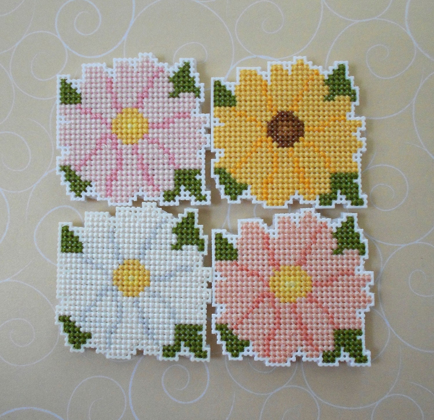 Simply Sweet Flowers Cross Stitched Magnets - Set of 4