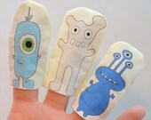 Winter Finger Puppets, Blue & White Monsters on Cotton Fabric (3-pack)