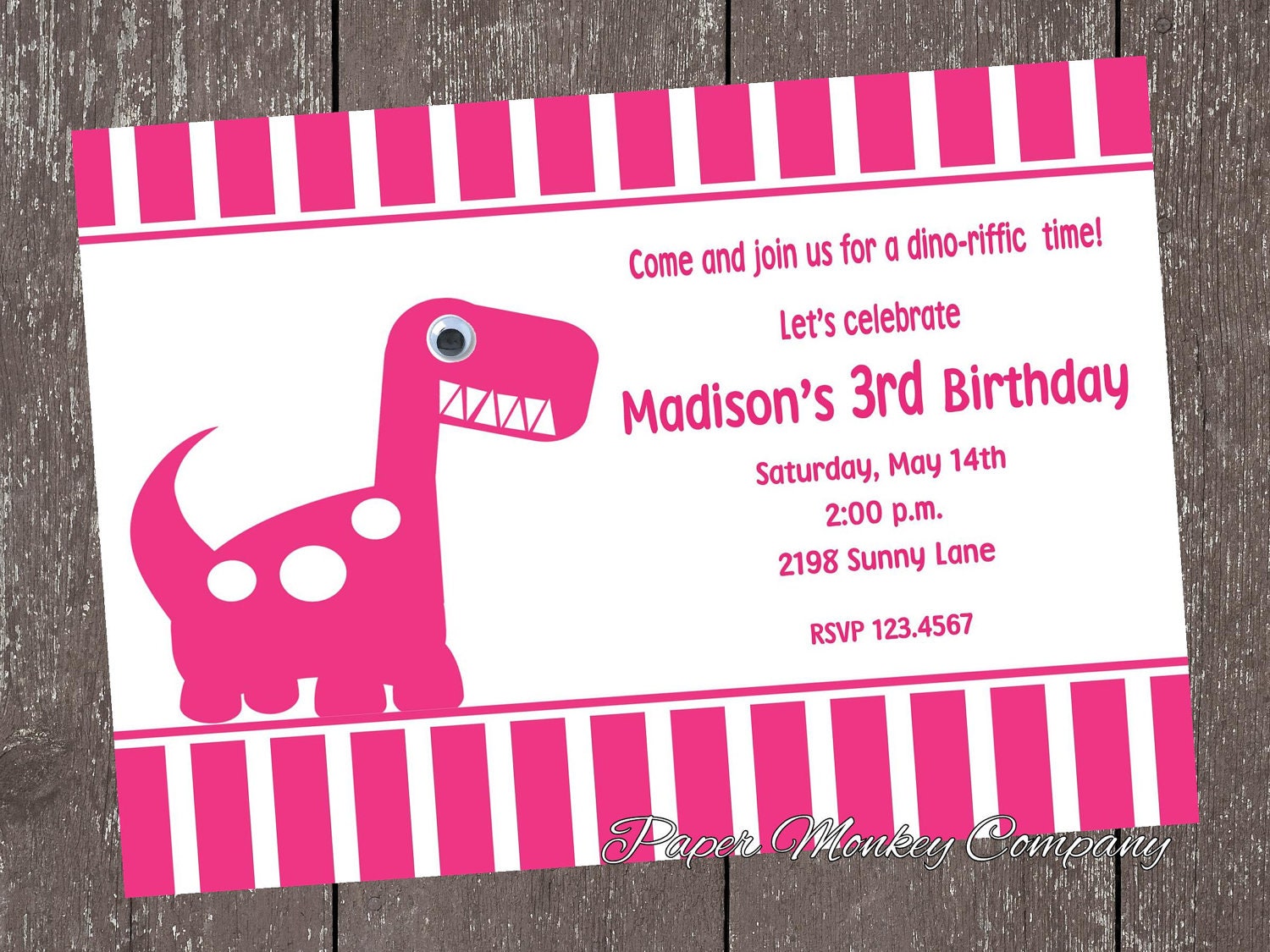Pink Dinosaur Birthday Invitation with Googly Eye Il_170x135